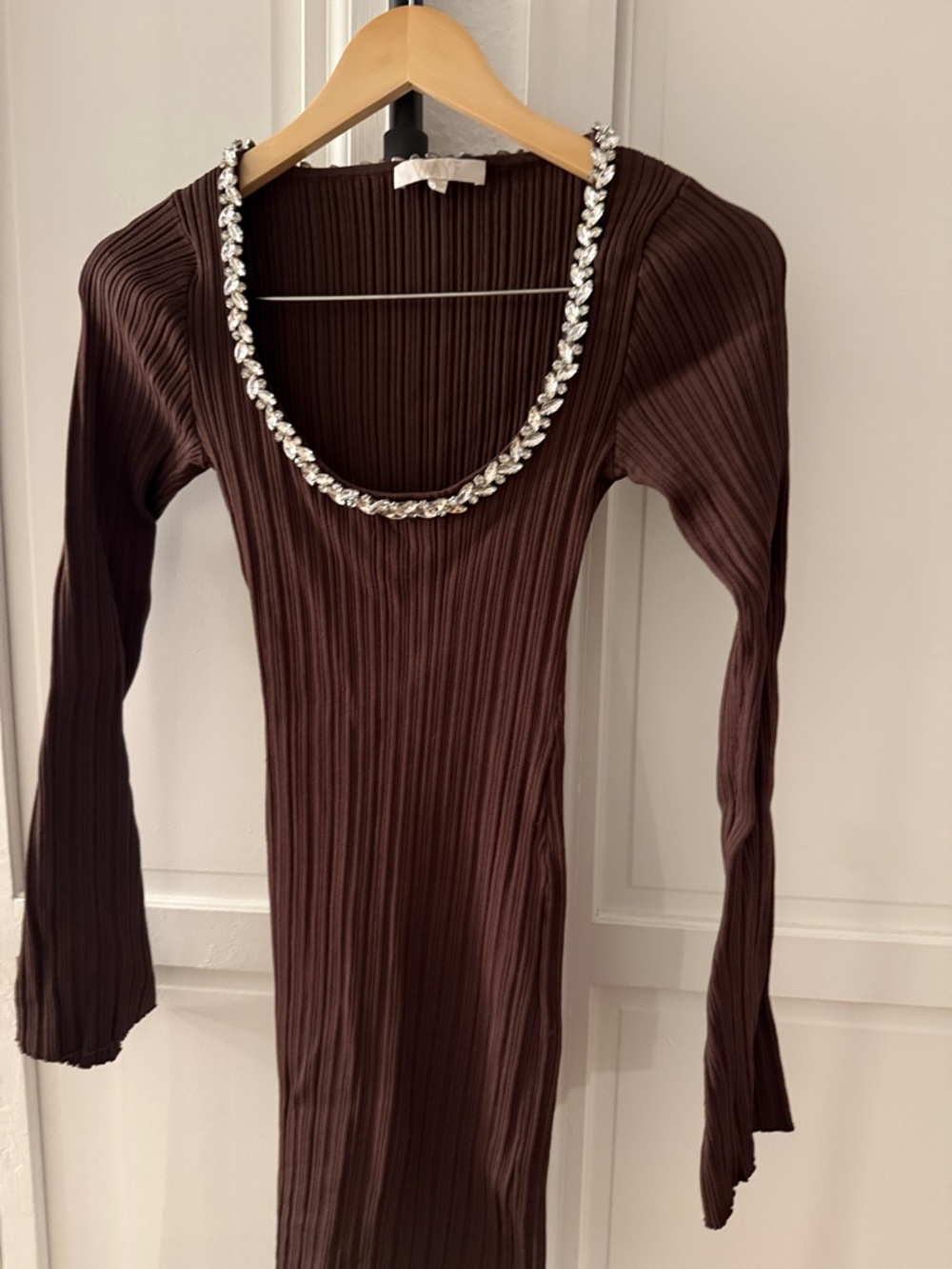 NWOT Wayf LS Midi Dress Brown with Silver/Crystal Embellishment